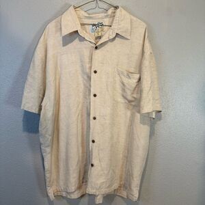 Men’s Big Dogs Cream Short Sleeve Button-Up Shirt with Palm Tree size Large